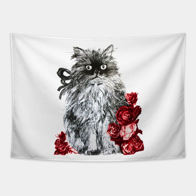 CAT KITTEN WITH RED ROSES ,Black and White Tapestry by BulganLumini