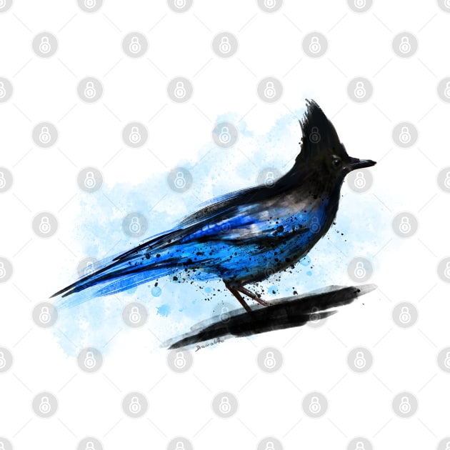 Dramabite Watercolor blue stellar jay bird artistic animal watercolor by dramabite