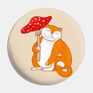 Cute Cat with Fly Agaric Mushroom Umbrella Graphic Design Pin