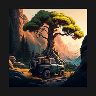 Jeep with Big Tree and Mountain Background T-Shirt