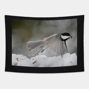 Chickadee in flight Tapestry