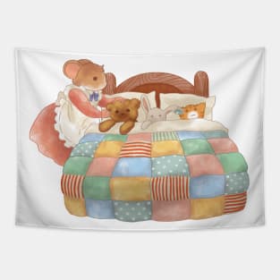 Anthropomorphic Mouse Tucking the Toys into Bed Tapestry