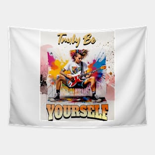 Truly Be Yourself, female rock guitarist painted hair, wall Tapestry