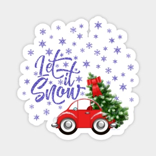 Let It Snow Red Car and Christmas Tree Magnet