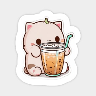 Cute Cat Drinking Bubble Tea Cartoon Boba Drawing Magnet