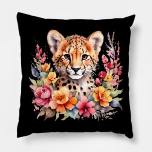 A baby cheetah decorated with beautiful watercolor flowers Pillow