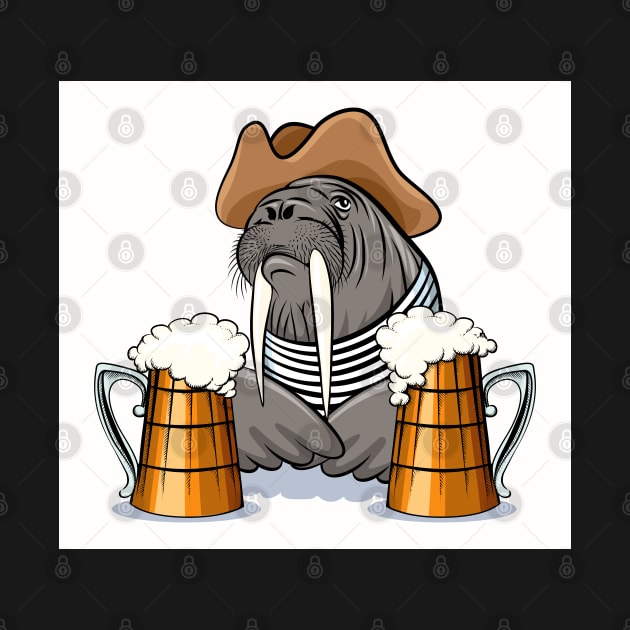 Humorous illustration of walrus with mugs full of beer. by devaleta