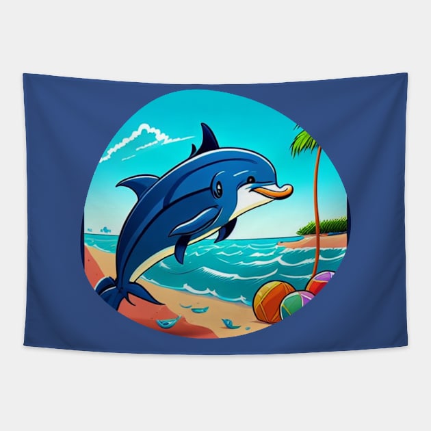 Happy blue dolphin playing on the beach Tapestry by ShopColDigital