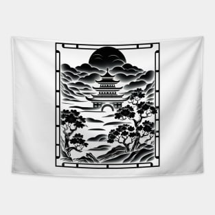 Eternal Serenity: A Monochrome Japanese Landscape Tapestry