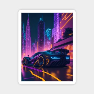 Dark Neon Sports Car in Japanese Neon City Magnet