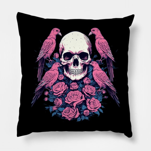 Skull and Flowers and Birds Pillow by TOKEBI