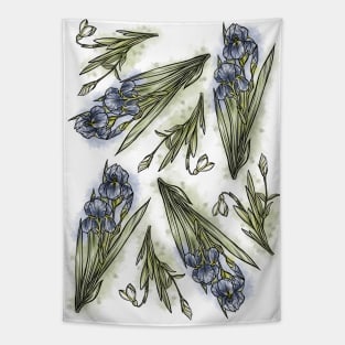 Violet Spring Flowers set, Art Nouveau flower pattern, nature, Iris and Primrose, Pastel, Watercolor style Tapestry