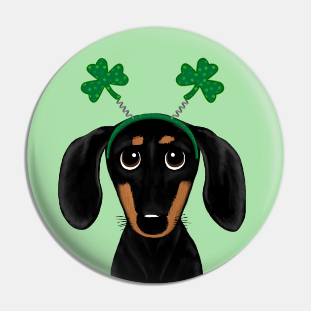 Funny Saint Patrick's Day Dog | Black and Tan Dachshund with Shamrocks Pin by Coffee Squirrel