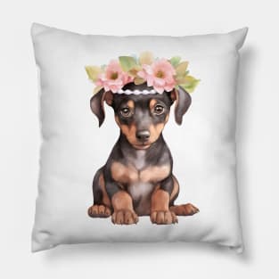Watercolor Doberman Pinscher Dog with Head Wreath Pillow
