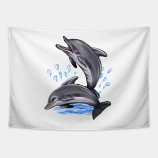 Cute dolphins making a splash. Playful Dolphins Tapestry