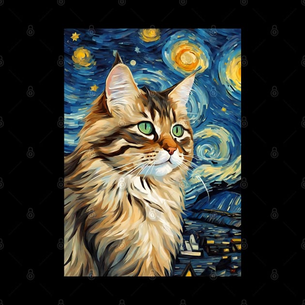 Cute Siberian Cat Breed Painting in a Van Gogh Starry Night Art Style by Art-Jiyuu