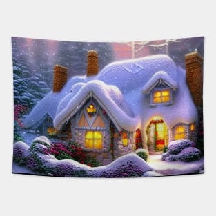 Magical Fantasy Cottage with Lights In A Snowy Scene, Scenery Nature Tapestry