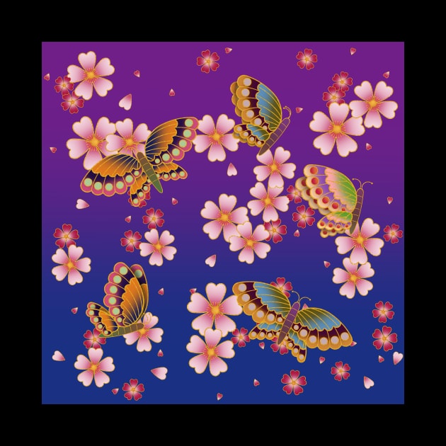 Japanese Butterflies Amid Sakura Blossoms (Blue & Purple) by Mozartini