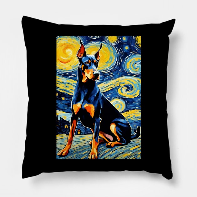 Doberman Pinscher Dog Breed Painting in a Van Gogh Starry Night Art Style Pillow by Art-Jiyuu