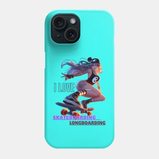 Kawaii, Anime Girl, I Love, Skateboarding & Longboarding Phone Case