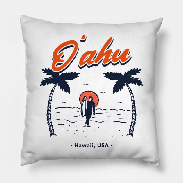 Oahu Hawaii USA Surfing in Hawaii Palm Trees and Ocean Waves Pillow by LittleFlairTee