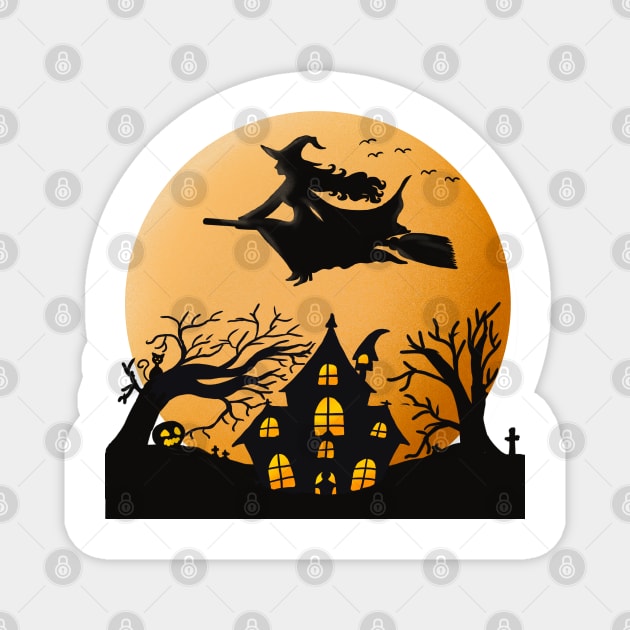 Flying Witch Moon Orange Haunted House Halloween Present & Gift Magnet by The Little Store Of Magic