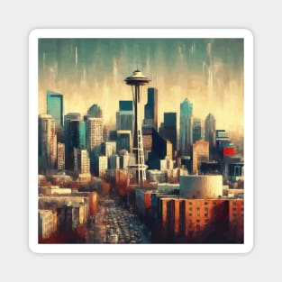 Seattle Space Needle Cityscape Impressionism Painting Magnet