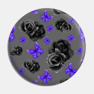 Purple Butterflies and Black Roses w/ Grey Background Pin