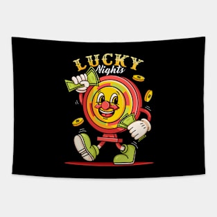 Lucky night. Gambling machine mascot character carrying money Tapestry