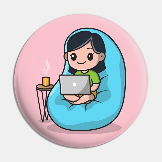 Cute Girl Working On Laptop Cartoon Pin by Catalyst Labs