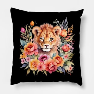 A lion cub decorated with beautiful watercolor flowers Pillow