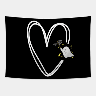 cute ghost catching a bat in a white heart Tapestry