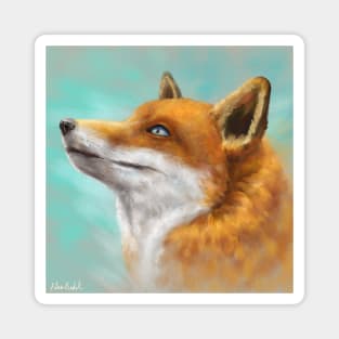 Painting of a Red Fox Looking to the Left with Turquoise Background Magnet