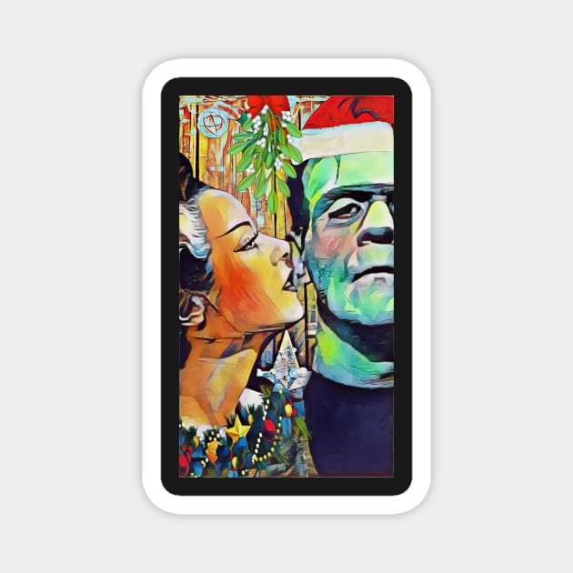 Christmas Frankenstein and Bride Kiss under the mistletoe Magnet by Edgot