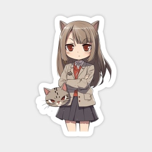 Funny Manga Girl with Angry Cat Magnet