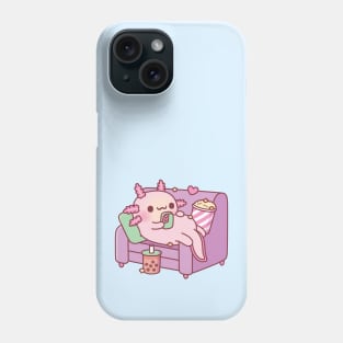 Cute Axolotl Chilling With Handphone Bubble Tea And Popcorn Phone Case