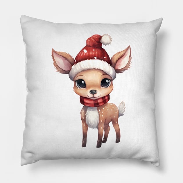 White-Tailed Deer in Santa Hat Pillow by Chromatic Fusion Studio
