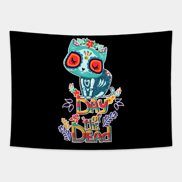 Sugar Skull Cat Day of the Dead Dia de los Muertos Cute Tapestry by creative