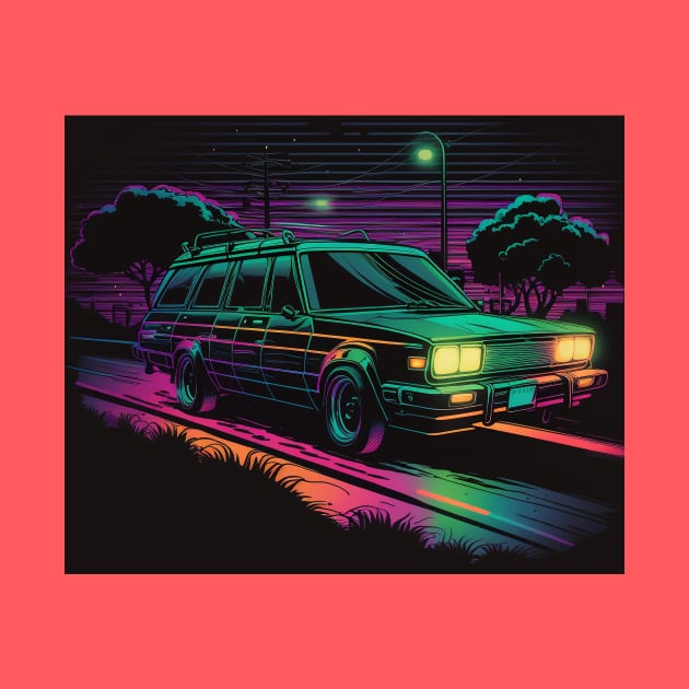 Retro Neon 80s Station Wagon on the Road by TheJadeCat