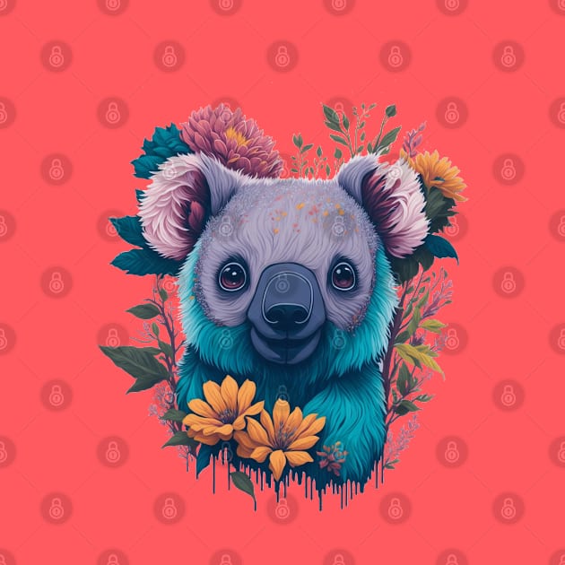 Cute smiling Koala bear with florals  t-shirt design, apparel, mugs, cases, wall art, stickers, travel mug by LyndaMacDesigns