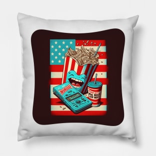 Funny abstract illustration of happy French fries with money and phone on the table Pillow