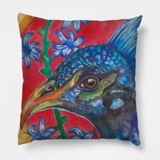 Blue peacock bird and flowers Pillow