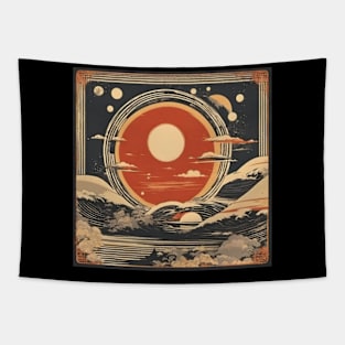 total solar eclipse 2024 japanese beach vintage style Tapestry