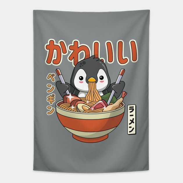 Kawaii Penguin Enjoying Ramen Tapestry by spacedowl