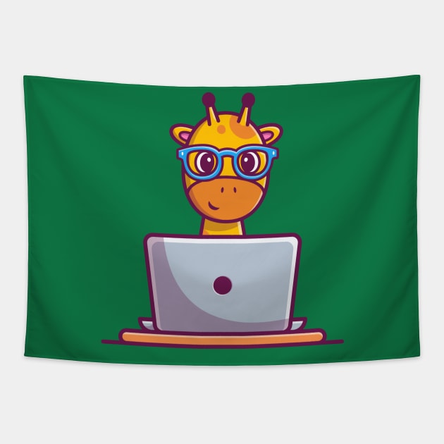 Cute Giraffe Operating Laptop Cartoon Tapestry by Catalyst Labs