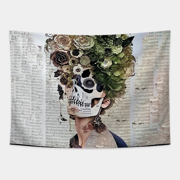 Collage Skull Woman Flowers Tapestry by DreadX3