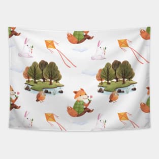 Happy Fox and Bunny in the Forest Illustration Tapestry