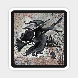 Creepy black and white scary Halloween witch on a broom Magnet