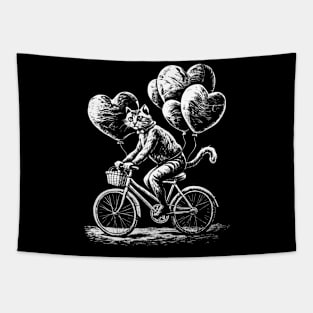 A cat on a bicycle with balloons in the form of hearts Tapestry