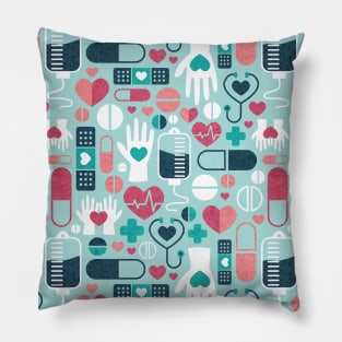 Keep safe be healthy // aqua background navy blue mint red white and coral medicine elements Pillow